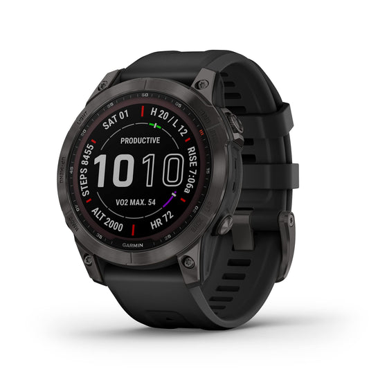 Garmin Fenix 7 Sapphire Solar, Adventure smartwatch, with Solar Charging Capabilities, Rugged Outdoor Watch with GPS, Touchscreen, Wellness Features, Carbon Gray DLC Titanium with Black Band