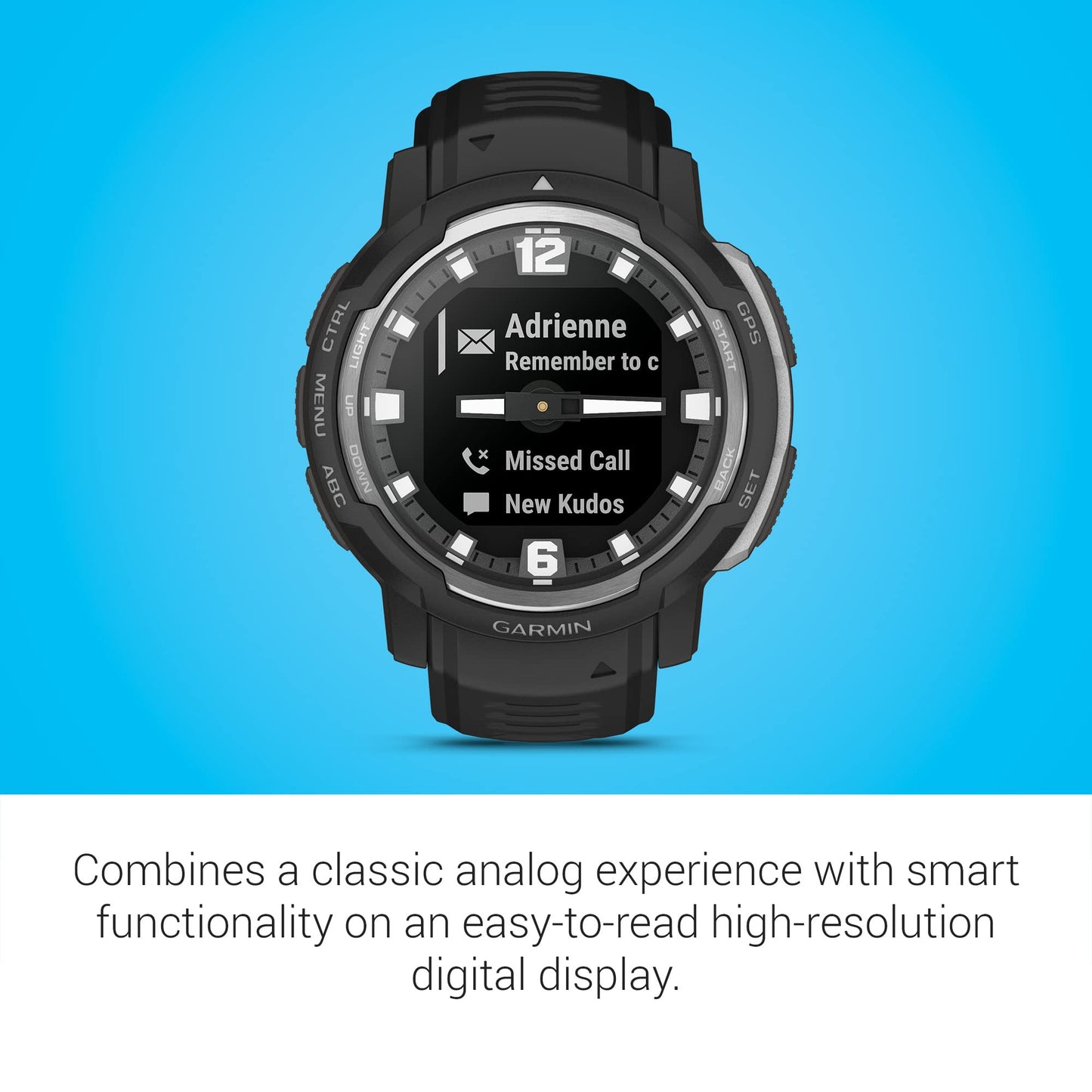 Garmin Instinct Crossover, Rugged Hybrid Smartwatch, Analog Hands and Digital Display, Black Classic