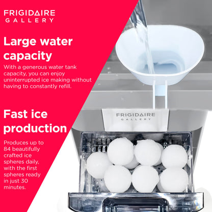 Frigidaire, Countertop Artisanal Sphere Ice Machine, Transparent Window, Gourmet Ice Maker, 84 Sphere per Day Capacity, Auto Self Cleaning Ice Making Machine - 16.75" D x 11.75" W x 20.25" H (Grey)