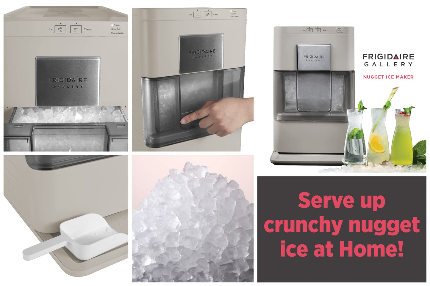 FRIGIDAIRE Gallery Countertop Crunchy Chewable Nugget Ice Maker, 44lbs per Day, Auto Self Cleaning, 2.0 Gen- 14.6" D x 10.00" W x 16.5" H (Cream)