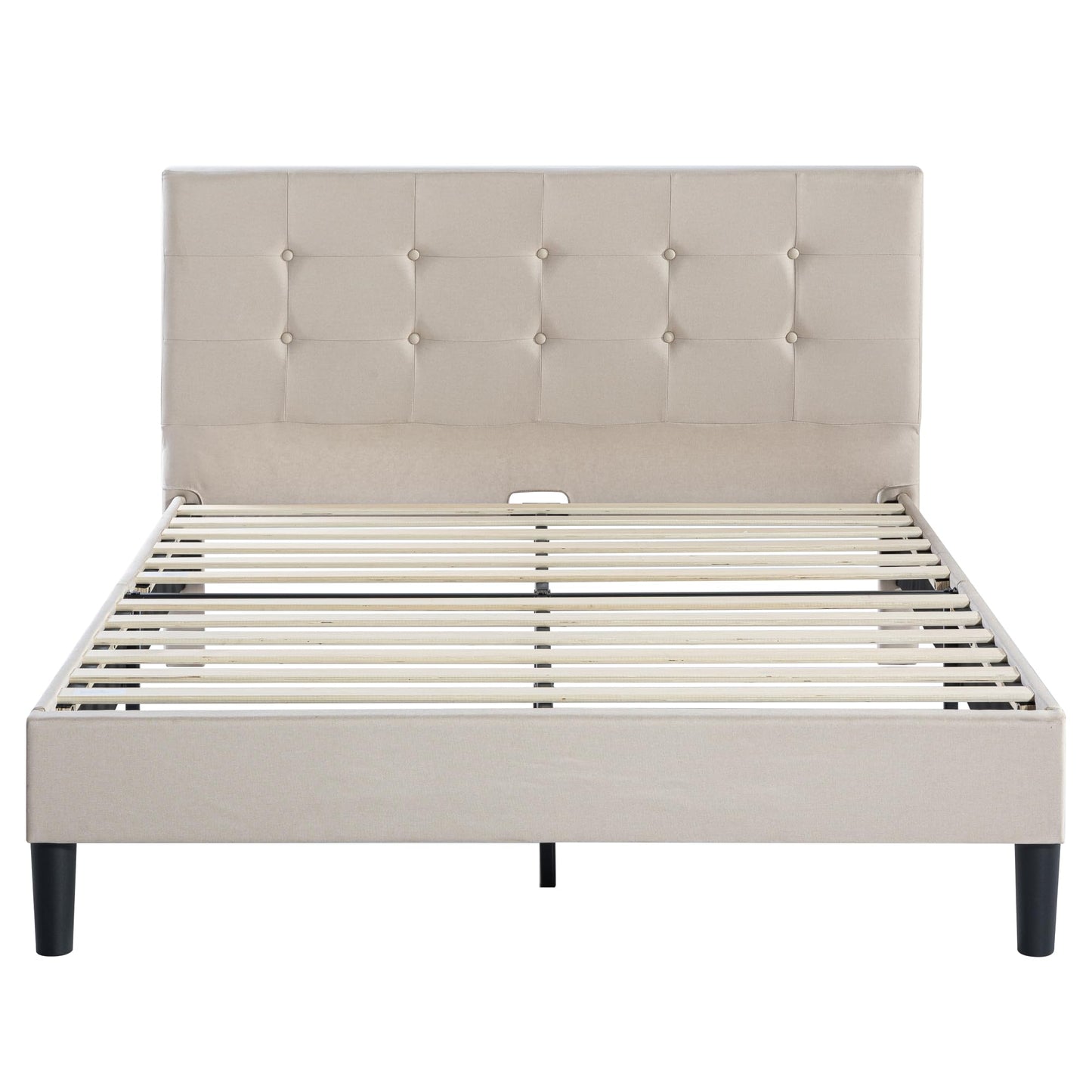 Zinus Queen Bed Frame - Ibidun Upholstered Platform Bed Frame, Squared Button Tufted Headboard, Bed in a box, Wood Slat Support, No Box Spring Needed, Easy Assembly, 5 Year Warranty, Beige, Queen Size Contemporary New Small Box