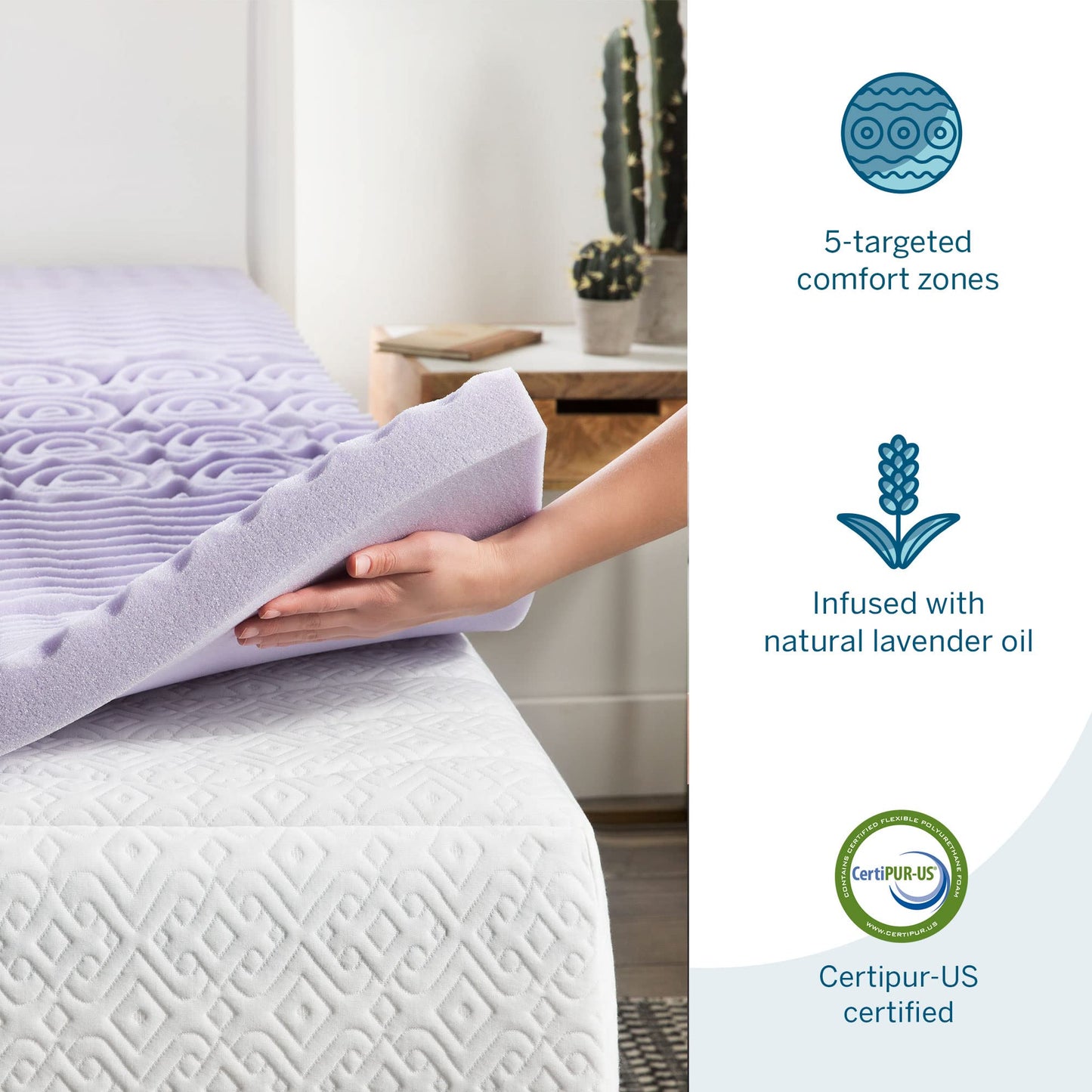 LUCID 2 Inch 5 Zone Lavender Memory Foam Mattress Topper – Calming Lavender – Targeted Convoluted Comfort Zones, King (LU20KK30ZT)