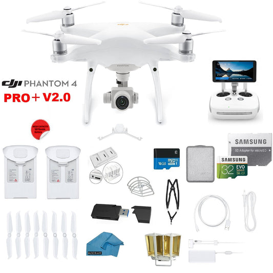 DJI Phantom 4 PRO Plus (Pro+) Quadcopter Drone with 1-inch 20MP 4K Camera KIT with Built In Monitor + 2 DJI Batteries + 64 and 32GB Micro SD Cards + Reader 3.0 + Guards + Range Extender + Charging Hub