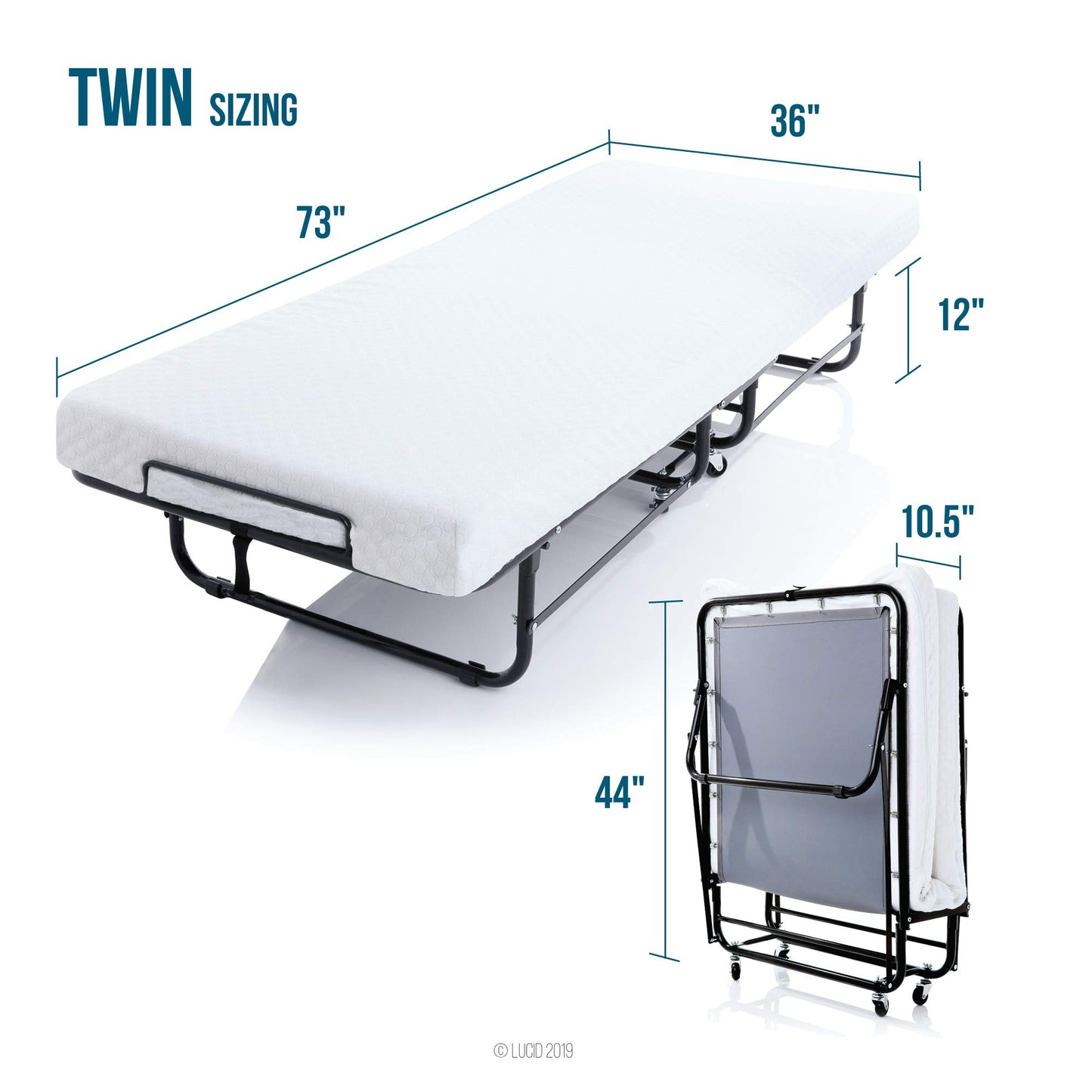 LUCID Rollaway Folding Guest Bed with 4 Inch Memory Foam Mattress - Rolling Cot - Easy Storage - Twin, White (LU04TTMFRB)