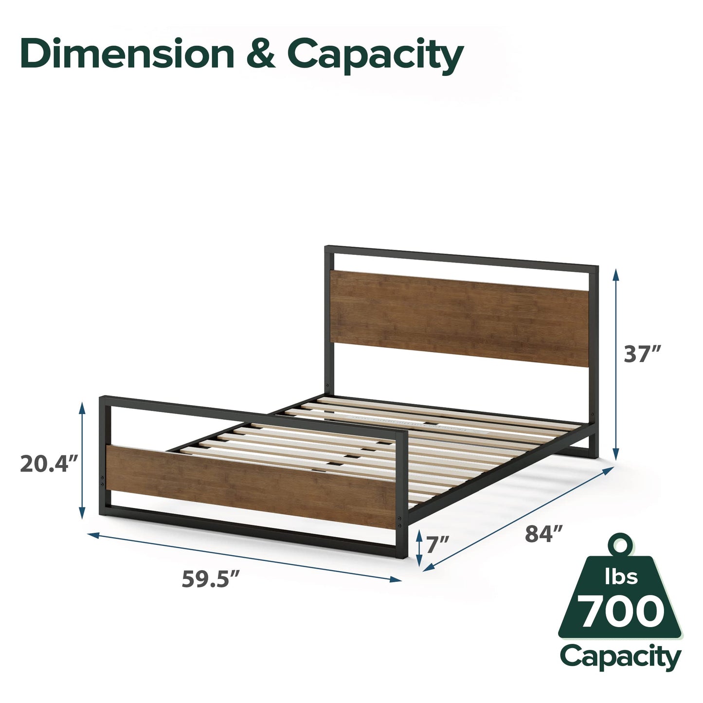 ZINUS Suzanne Bamboo and Metal Platform Bed Frame with Footboard / Wood Slat Support / No Box Spring Needed / Easy Assembly, Queen Standard Footboard