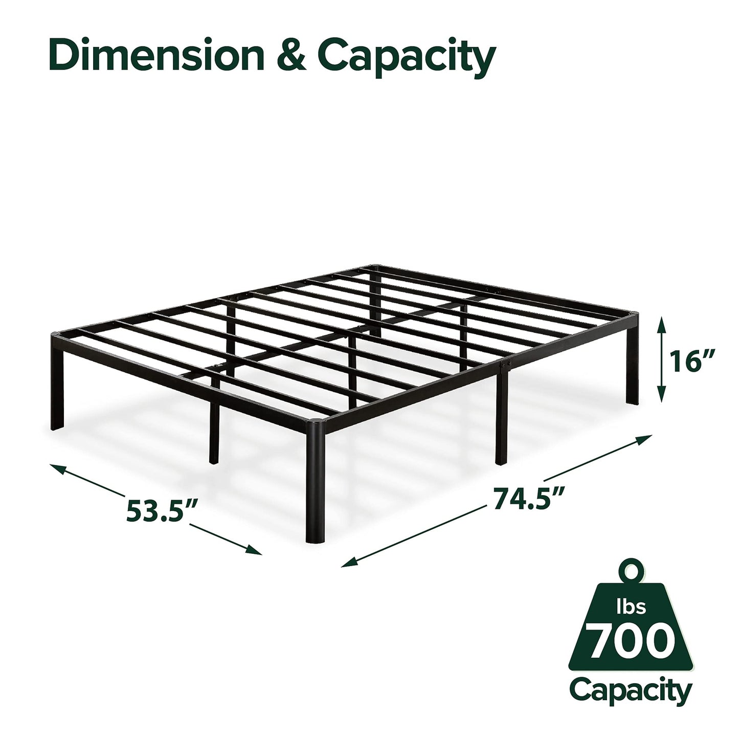 ZINUS Van 16 Inch Metal Platform Bed Frame / Steel Slat Support / No Box Spring Needed / Easy Assembly, Black, Full Modern Original Big Box