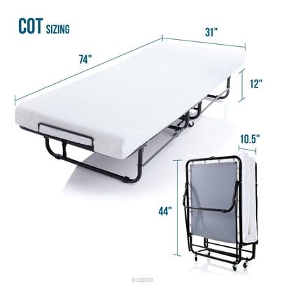 Lucid Rollaway Folding Guest Bed with 4 Inch Memory Foam Mattress - Rolling Cot - Easy Storage - Cot, White and Black, Small Single