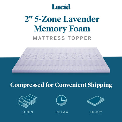 LUCID 2 Inch 5 Zone Lavender Memory Foam Mattress Topper – Calming Lavender – Targeted Convoluted Comfort Zones, Cal King (LU20CK30ZT) California King