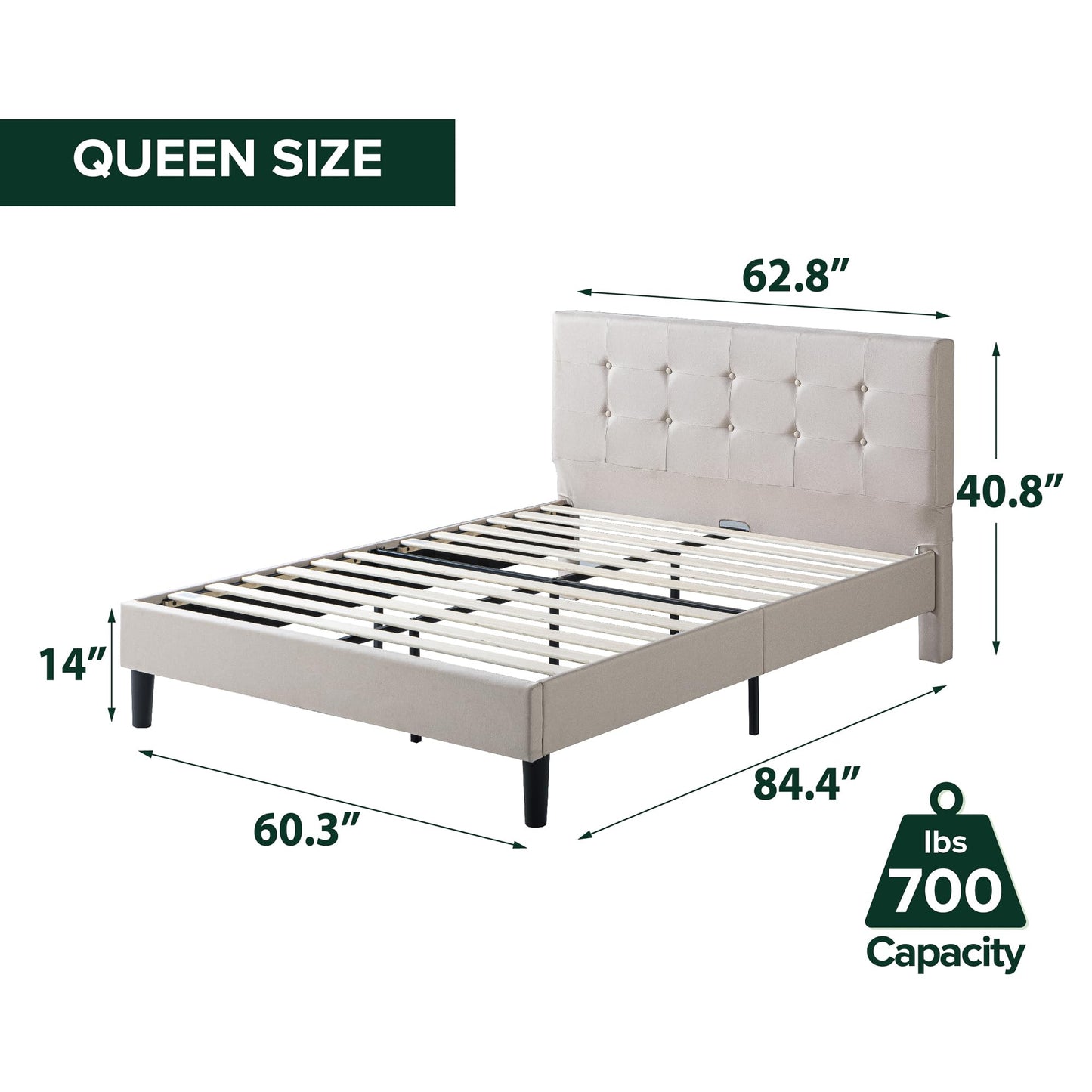 Zinus Queen Bed Frame - Ibidun Upholstered Platform Bed Frame, Squared Button Tufted Headboard, Bed in a box, Wood Slat Support, No Box Spring Needed, Easy Assembly, 5 Year Warranty, Beige, Queen Size Contemporary New Small Box