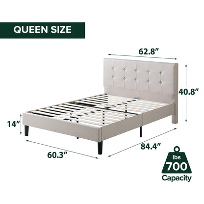 Zinus Queen Bed Frame - Ibidun Upholstered Platform Bed Frame, Squared Button Tufted Headboard, Bed in a box, Wood Slat Support, No Box Spring Needed, Easy Assembly, 5 Year Warranty, Beige, Queen Size Contemporary New Small Box