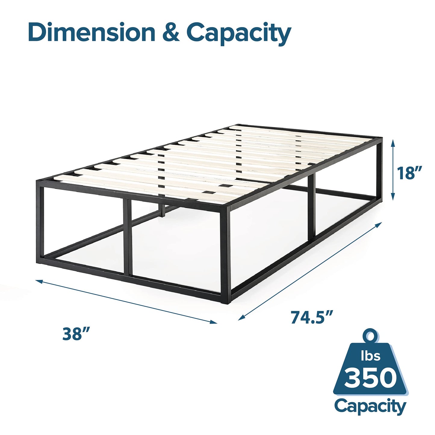 Zinus Twin Bed Frame - Joseph 18 inch Metal Bed Frame with Wood Slat Support, No Box Spring Needed, Easy Assembly - Minimalist Platform Bed Frame with Underbed Storage Space, Twin Size Original Big Box