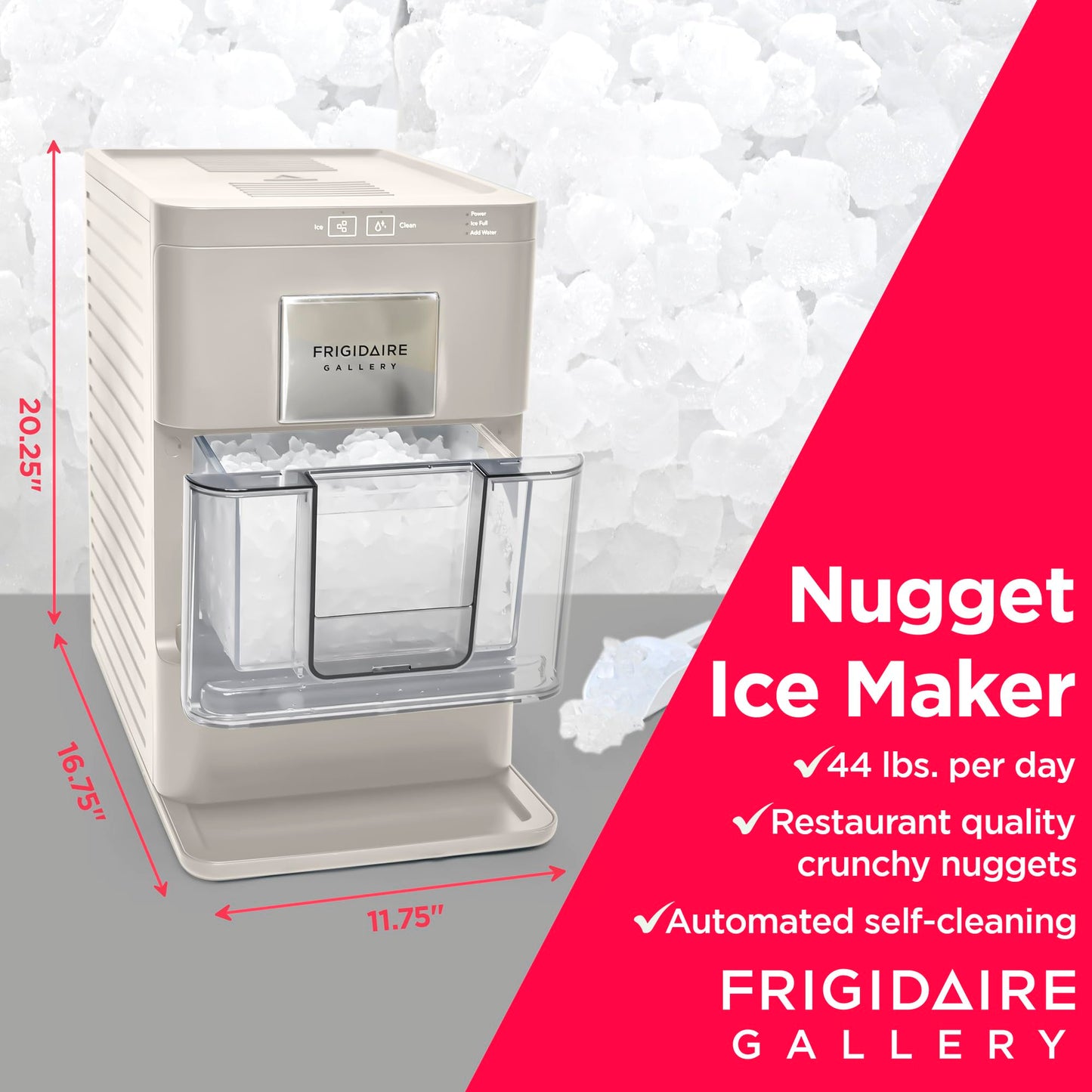 FRIGIDAIRE Gallery Countertop Crunchy Chewable Nugget Ice Maker, 44lbs per Day, Auto Self Cleaning, 2.0 Gen- 14.6" D x 10.00" W x 16.5" H (Cream)