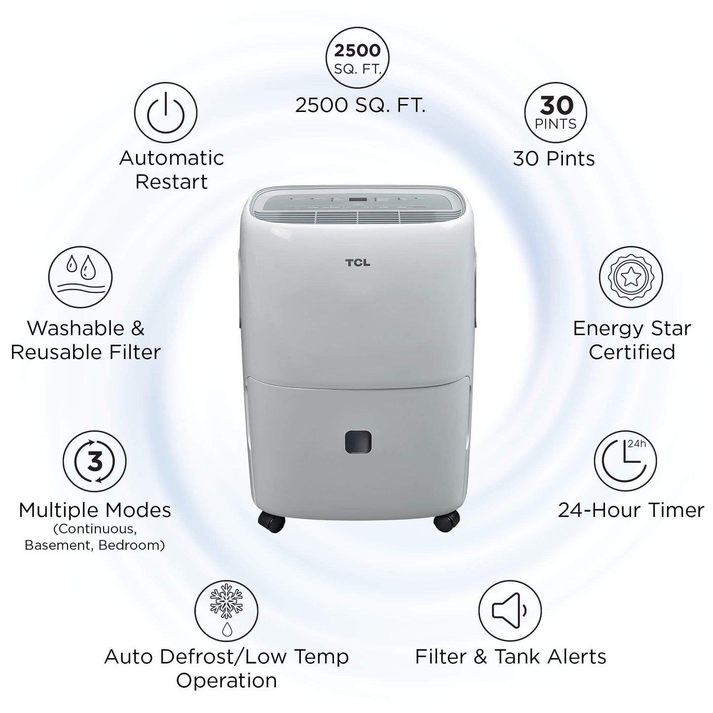 TCL Home Smart 30 Pint Dehumidifier, 2,500 Sq. Ft, App & Voice Control, Set Up in Minutes, Easy Maintenance, Basements, Bedrooms White