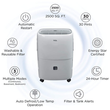 TCL Home Smart 30 Pint Dehumidifier, 2,500 Sq. Ft, App & Voice Control, Set Up in Minutes, Easy Maintenance, Basements, Bedrooms White