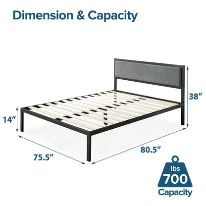 Zinus King Bed Frame - Korey 15 inch Metal Platform Bed Frame with Upholstered Headboard, Wood Slat Support, No Box Spring Needed, Easy Assembly - Bed Frame with Underbed Storage Space, King Size