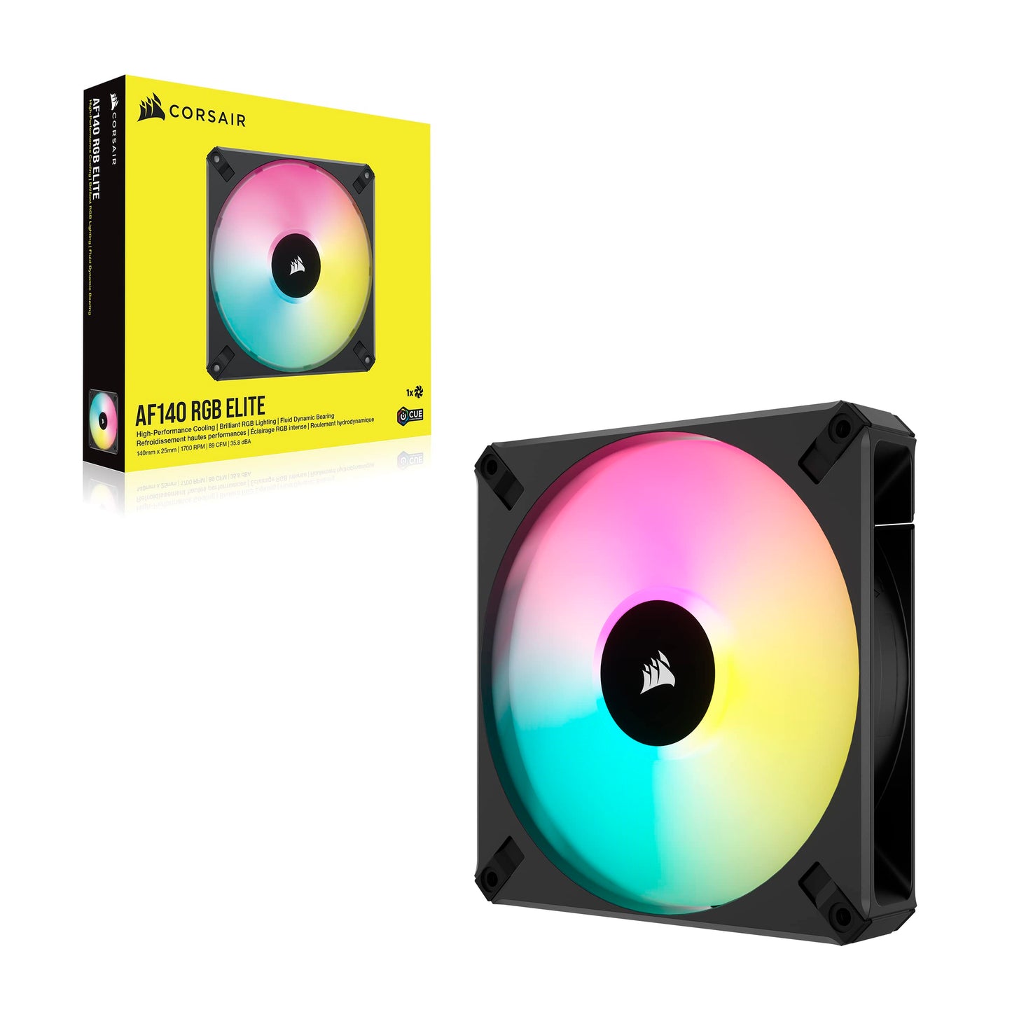 Corsair iCUE AF140 RGB Elite 140mm PWM Fan - Eight RGB LEDs - AirGuide Technology - Fluid Dynamic Bearing - Zero RPM Fan Mode - CORSAIR iCUE Software Compatible - Black