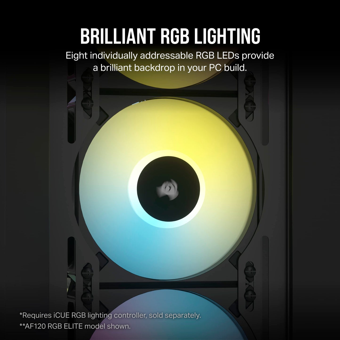 Corsair iCUE AF140 RGB Elite 140mm PWM Fan - Eight RGB LEDs - AirGuide Technology - Fluid Dynamic Bearing - Zero RPM Fan Mode - CORSAIR iCUE Software Compatible - Black