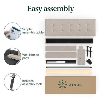 Zinus Full Bed Frame - Ibidun Upholstered Platform Bed Frame, Squared Button Tufted Headboard, Bed in a Box, Wood Slat Support, No Box Spring Needed, Easy Assembly, 5 Year Warranty, Beige, Full Size Contemporary New Small Box