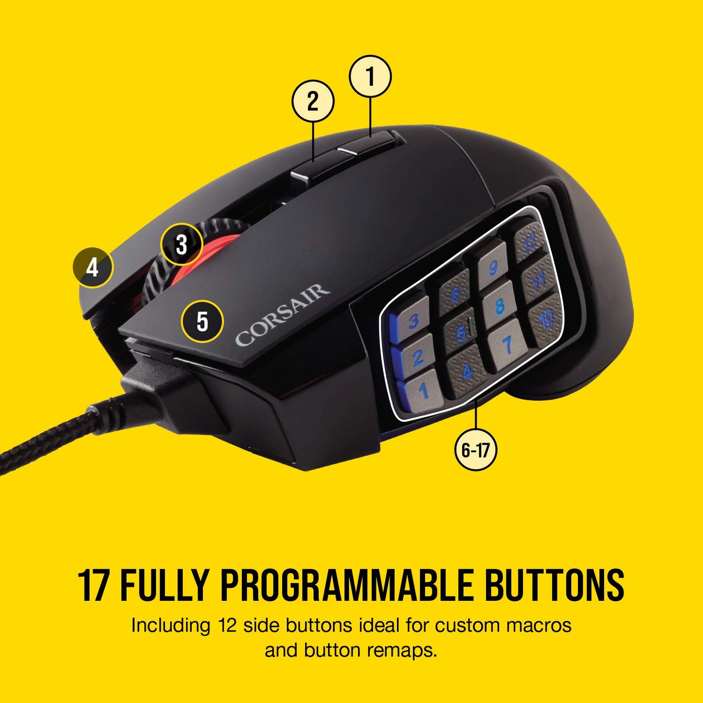 Corsair SCIMITAR RGB ELITE Gaming Mouse For MOBA, MMO - 18,000 DPI - 17 Progammable Buttons - iCUE Compatible - Black Wired