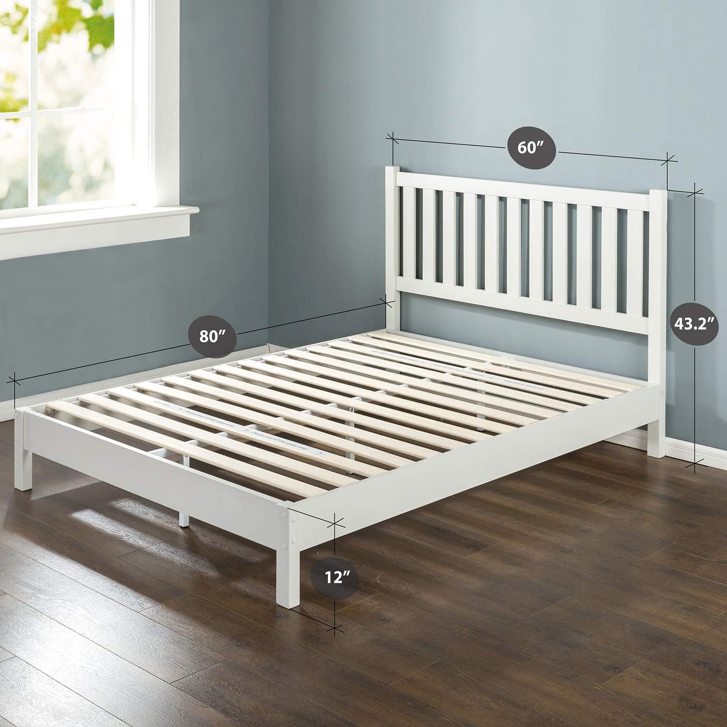 Zinus OLB-SWPBBHS-12Q Deluxe Wood Platform Bed with Slatted Headboard / No Box Spring Needed / Wood Slat Support, Queen, White