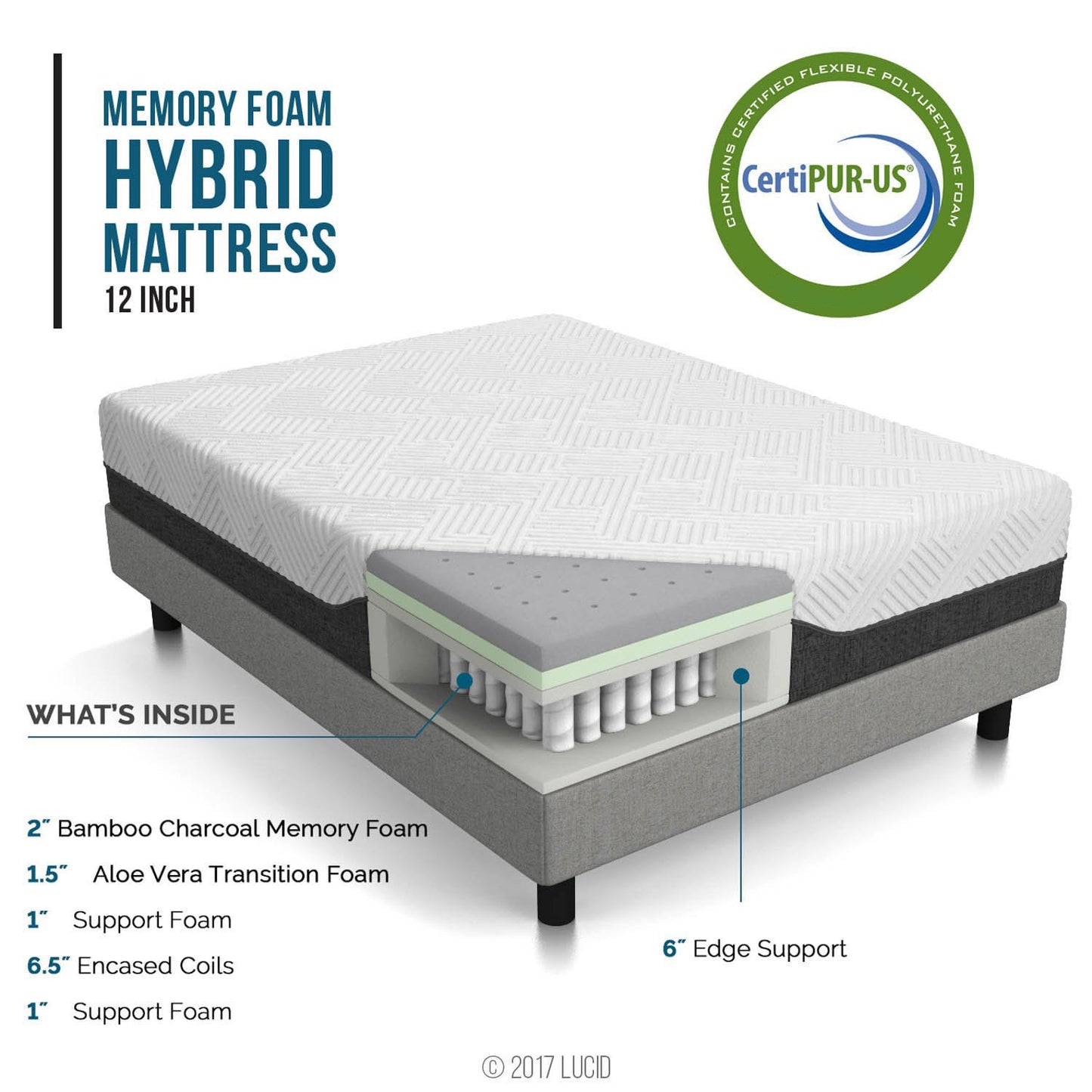 LUCID L600 Adjustable Bed Base Frame - Bluetooth Compatible with Companion App Ergonomic & 12 Inch Queen Hybrid Mattress - Bamboo Charcoal and Aloe Vera Infused Memory Foam - Motion Isolating Springs Adjustable BasE + 12 Inch Queen Mattress