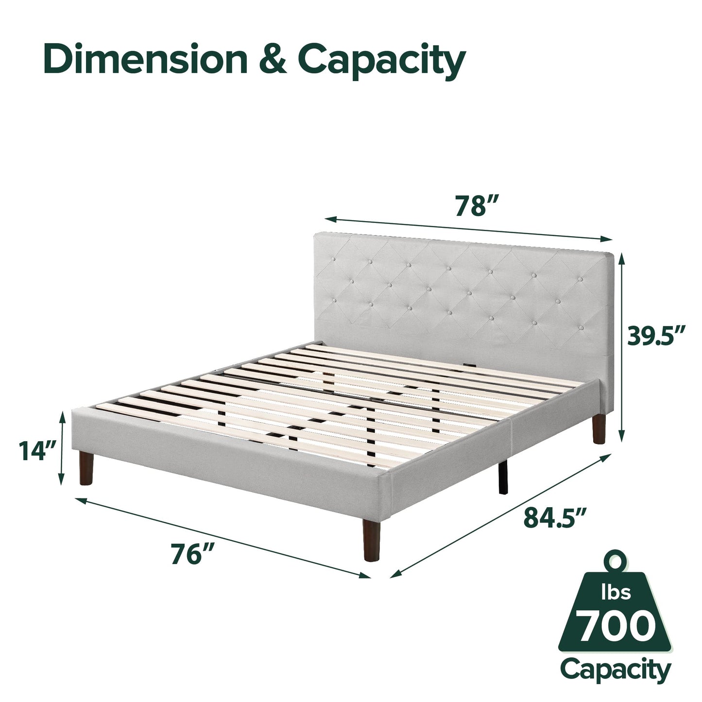 Zinus FDPB-LG-K Upholstered Diamond Stitched Platform Bed in Sage Grey, King