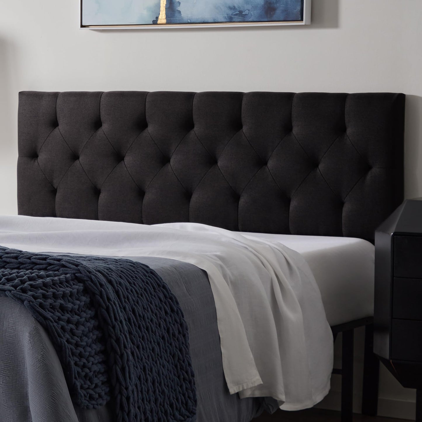 LUCID Mid-Rise Upholstered Headboard - Adjustable Height from 34” to 46” - Queen - Black Diamond Tufting