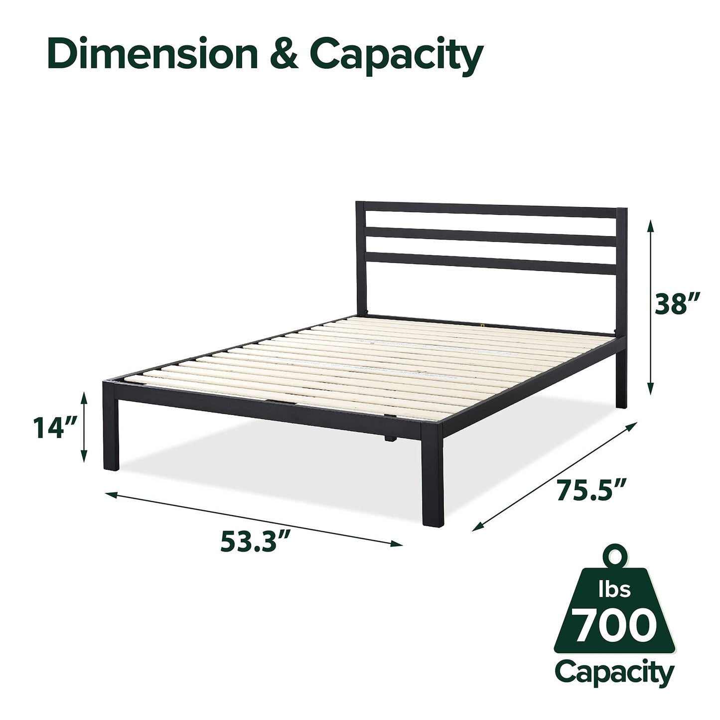 Zinus Full Bed Frame - Mia 15 inch Metal Platform Bed Frame with Headboard, Wood Slat Support, No Box Spring Needed, Easy Assembly - Bed Frame with Underbed Storage Space, Full Size