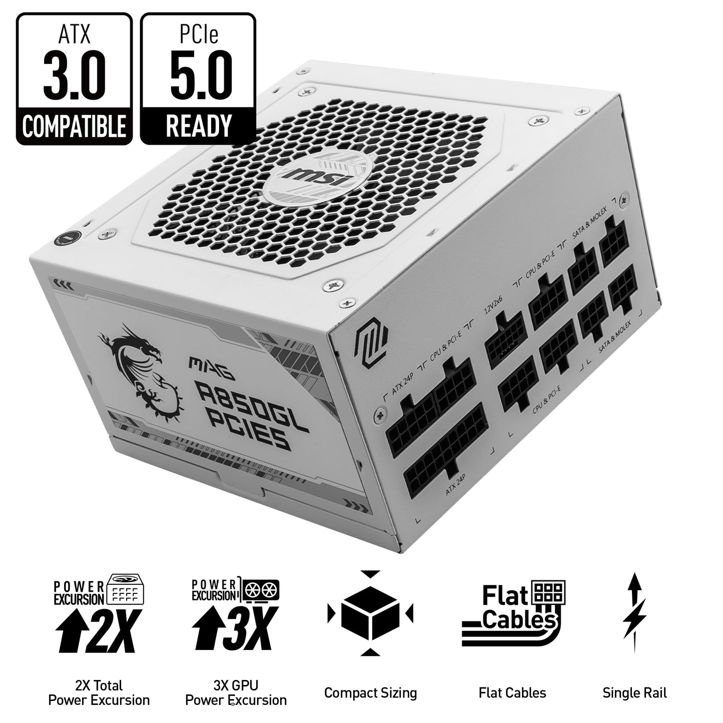 MSI MAG 850GL PCIE 5 White Gaming Power Supply - Full Modular - 80 Plus Gold Certified 850W - Compact Size - ATX PSU MAG 850GL PCIE 5 White Full Modular 850W White Gold