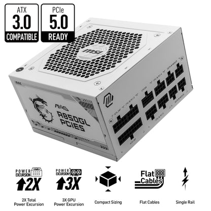 MSI MAG 850GL PCIE 5 White Gaming Power Supply - Full Modular - 80 Plus Gold Certified 850W - Compact Size - ATX PSU MAG 850GL PCIE 5 White Full Modular 850W White Gold