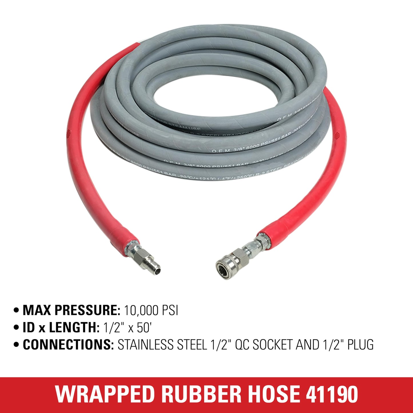 Simpson Cleaning 41190 10000 psi R2 Wrapped Rubber Hot and Cold Water Replacement/Extension Hose, 1/2" X 50' 1/2-Inch by 50-Foot