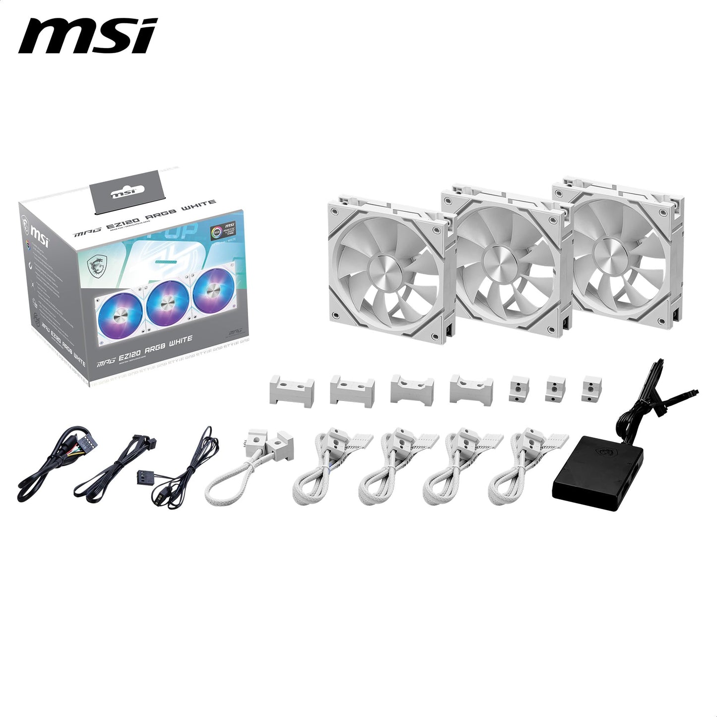 MSI MPG EZ120 ARGB WHITE-3W Fan - 120mm ARGB Fan, Patented Magnetic Connector Block, Daisy-Chain Connection, Fluid Dynamic Bearing + Extra nut Fixing, Fan hub, Mystic Light & Cooling Wizard Support