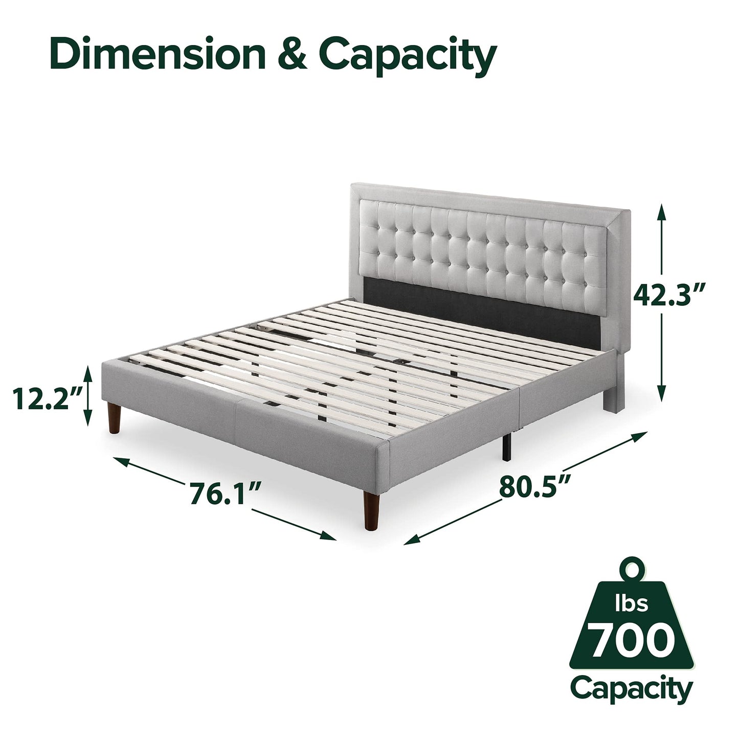 Zinus Dachelle Upholstered Platform Bed Frame / Mattress Foundation / Wood Slat Support / No Box Spring Needed / Easy Assembly, King Grey Sand