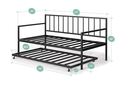 Zinus Twin Daybed - Eden Metal Daybed with Trundle - Space-saving Bed, Guest Bed Solution, Versatile Daybed, Mattress Foundation with Steel Slat Support, Easy Assembly, Black