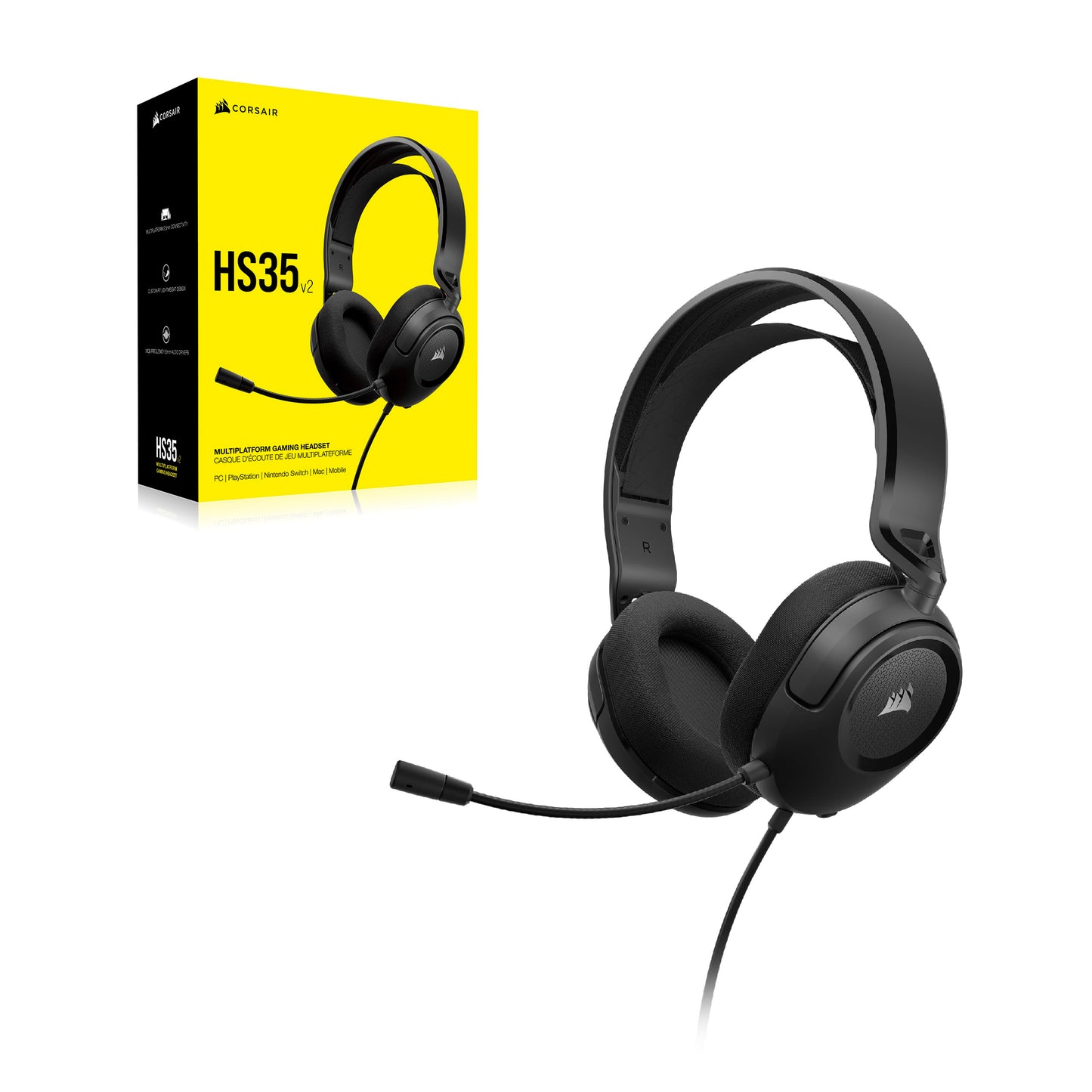 Corsair HS35 v2 Multiplatform Wired Gaming Headset – Flexible Omni-Directional Microphone – Universal 3.5mm Connection – PC, Mac, PS5, PS4, Xbox, Nintendo Switch, Mobile – Carbon v2 Stereo