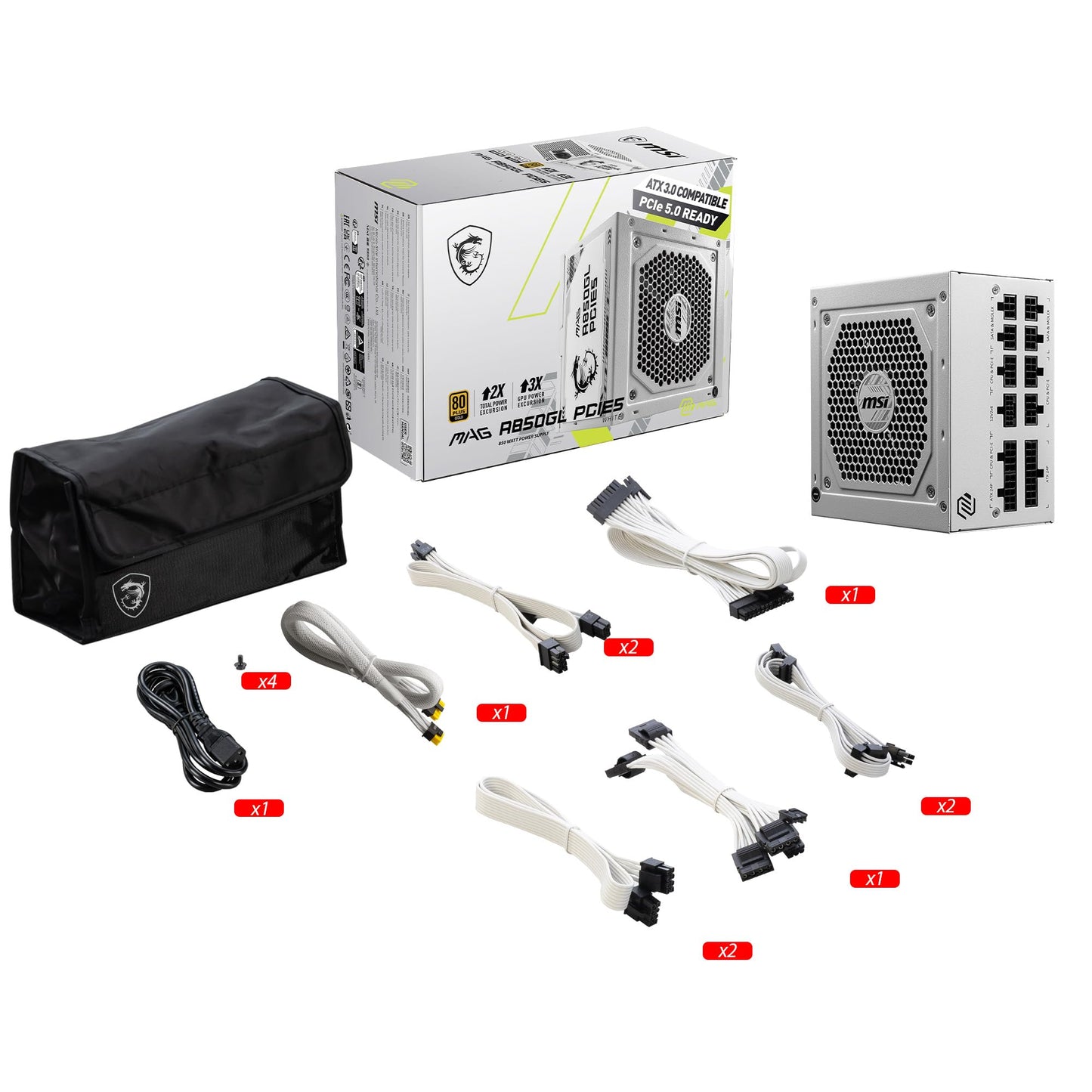 MSI MAG 850GL PCIE 5 White Gaming Power Supply - Full Modular - 80 Plus Gold Certified 850W - Compact Size - ATX PSU MAG 850GL PCIE 5 White Full Modular 850W White Gold