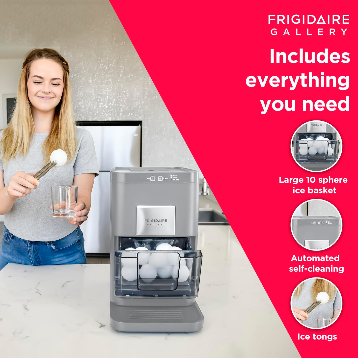 Frigidaire, Countertop Artisanal Sphere Ice Machine, Transparent Window, Gourmet Ice Maker, 84 Sphere per Day Capacity, Auto Self Cleaning Ice Making Machine - 16.75" D x 11.75" W x 20.25" H (Grey)