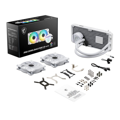 MSI MAG CORELIQUID 240R V2 White AIO Liquid CPU Cooler, 240mm Radiator, Dual 120mm PWN Fans, ARGB Lighting controled by Software LGA 1700 and AM5 Ready