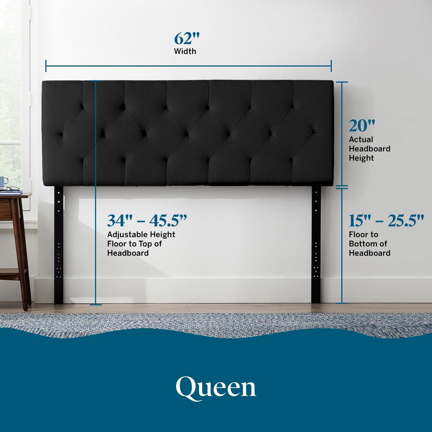 LUCID Mid-Rise Upholstered Headboard - Adjustable Height from 34” to 46” - Queen - Black Diamond Tufting