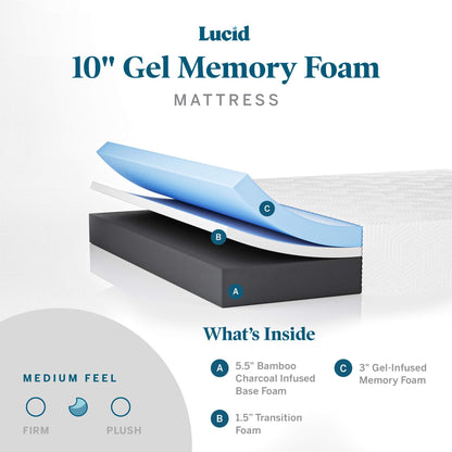 Lucid 10 Inch Medium Gel Memory Foam Mattress and Lucid L300 Adjustable Base, Full