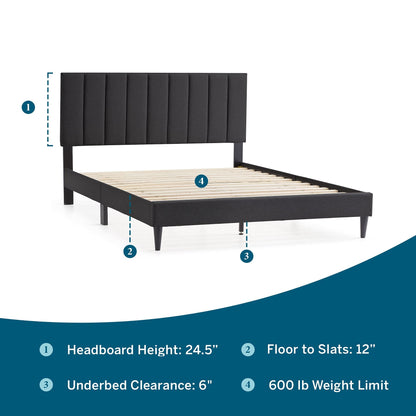 LUCID Upholstered Platform Bed with Channel Tufted Headboard-Sturdy Wood-No Box Spring Required, Charcoal, King