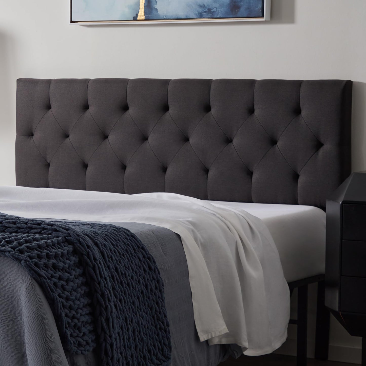 LUCID Mid-Rise Upholstered Headboard - Adjustable Height From 34” to 46” - King/California King - Charcoal King/Cal King Diamond Tufting