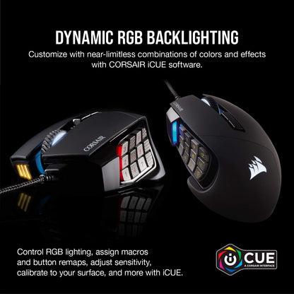 Corsair SCIMITAR RGB ELITE Gaming Mouse For MOBA, MMO - 18,000 DPI - 17 Progammable Buttons - iCUE Compatible - Black Wired