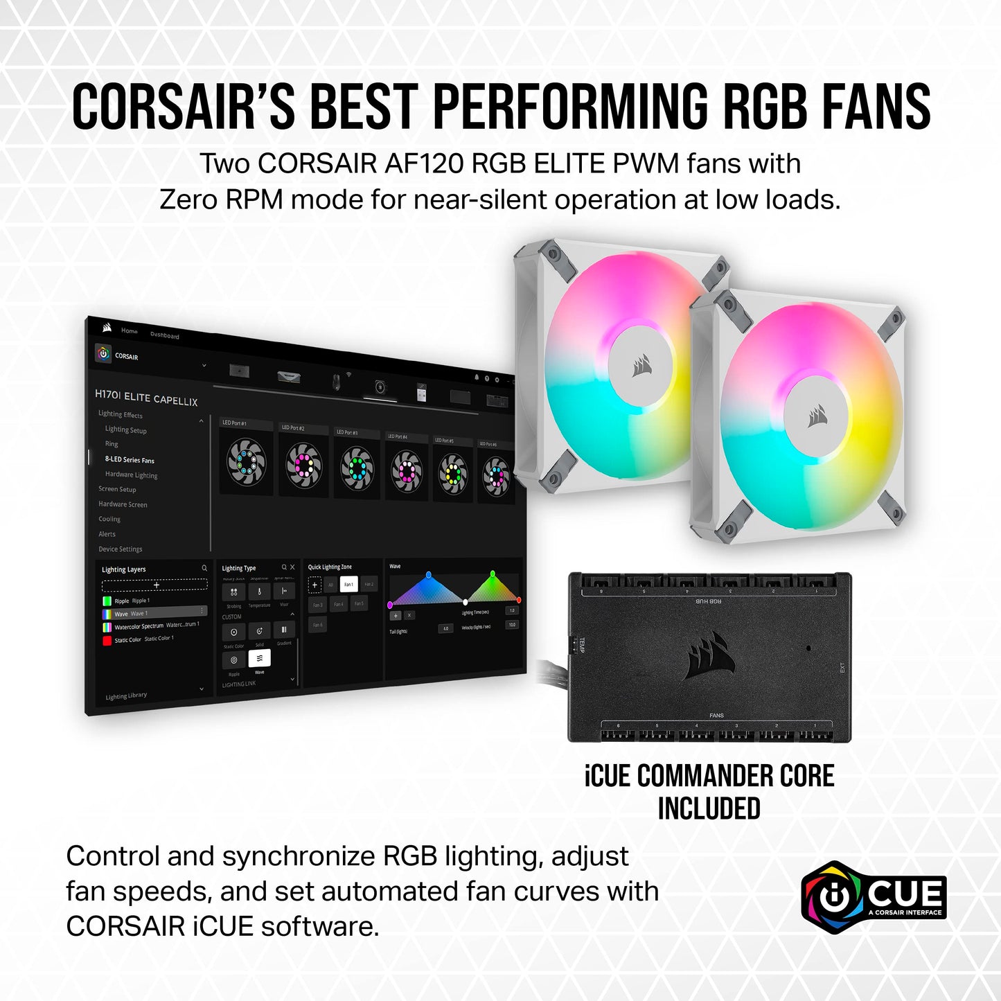 Corsair iCUE H100i Elite CAPELLIX XT Liquid CPU Cooler - Two AF120 RGB Elite Fans - 240mm Radiator - Intel® LGA 1700, 1200, 115X, 2066, AMD® AM5, AM4 - Included iCUE Commander CORE - White 240mm AIO