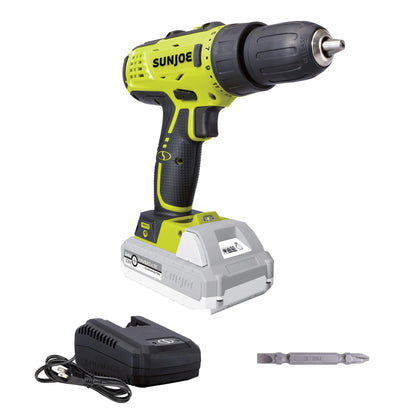 Sun Joe 24V-DD-LTE 24-Volt Lithium iON Cordless Drill Driver Green Drill Kit (w/2.0-Ah Battery + Quick Charger)