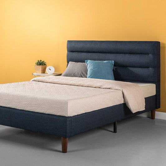 Zinus FHCP-Q Upholstered Horizontally Cushioned Platform Bed / Strong Wood Slat Support in Navy, Queen