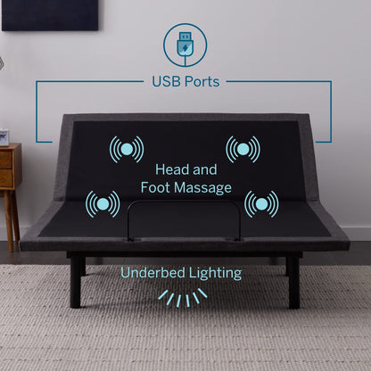 LUCID L600 Adjustable Bed Base Frame - Bluetooth Compatible with Companion App - Head and Foot Incline - Massage - Under Bed Lighting - Dual USB Charging Stations - Upholstered - Ergonomic Full Adjustable Base Only