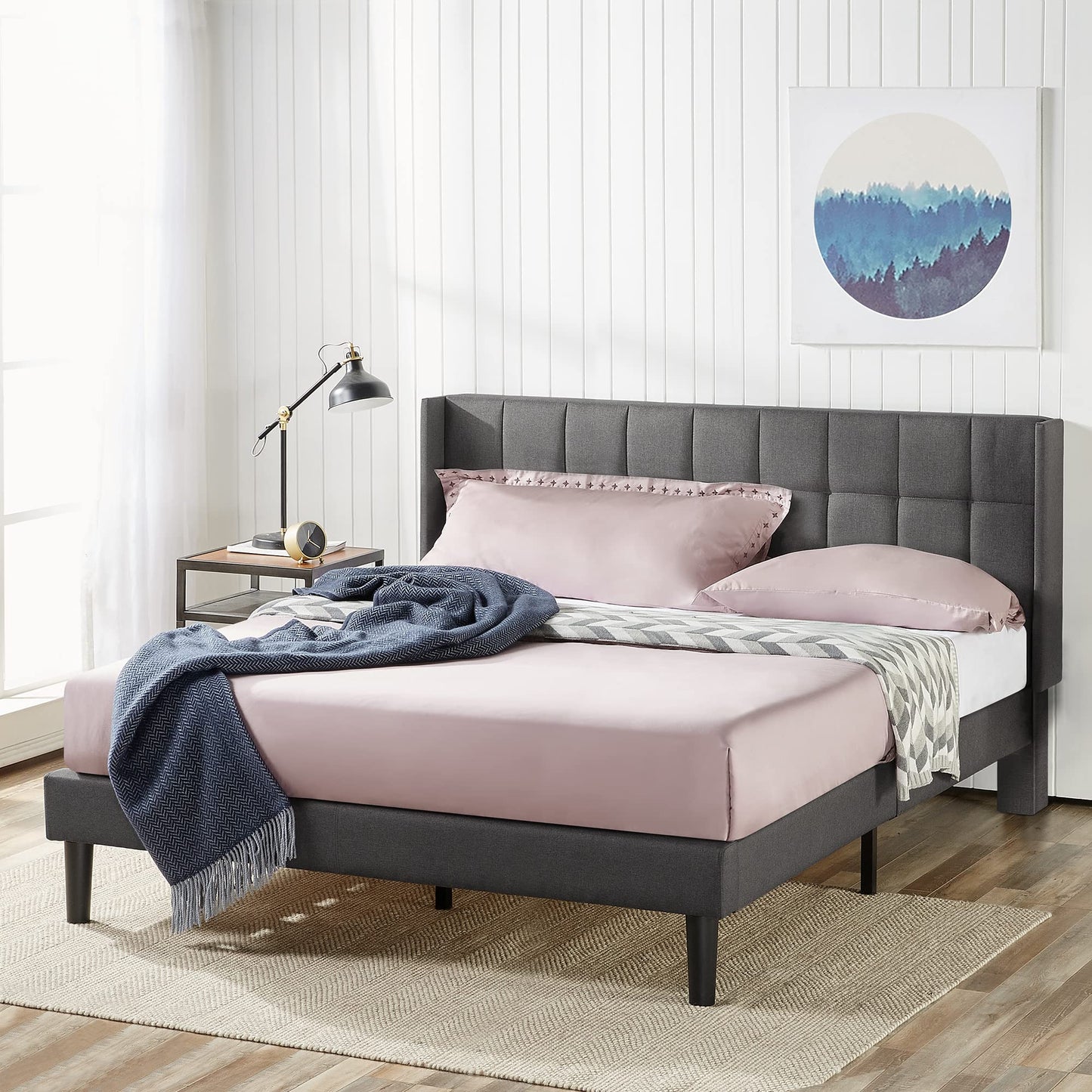 ZINUS Dori Upholstered Platform Bed Frame with Wingback Headboard / Mattress Foundation / Wood Slat Support / No Box Spring Needed / Easy Assembly, King Grey Traditional