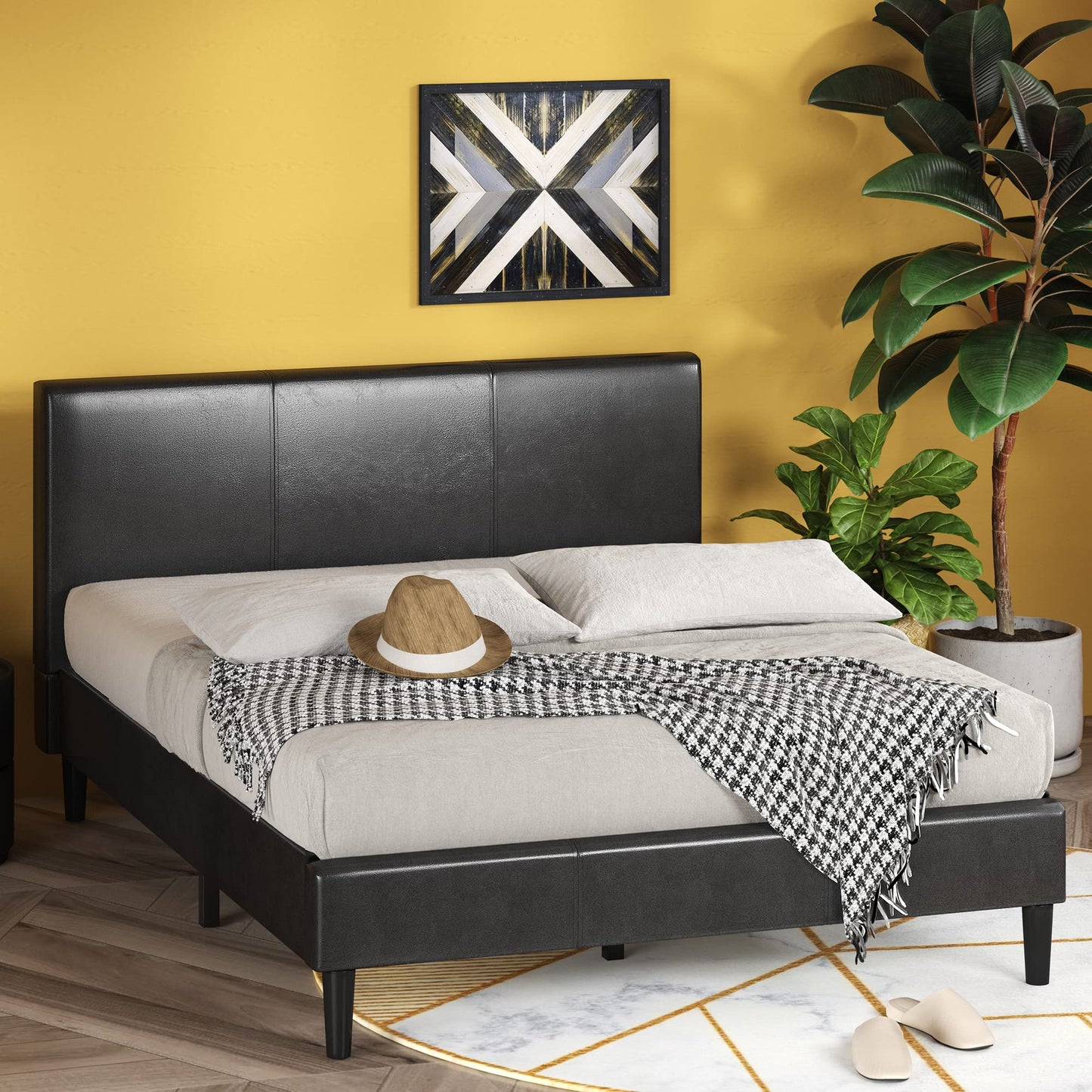 Zinus Faux Leather Upholstered Platform Bed with Wooden Slats, King