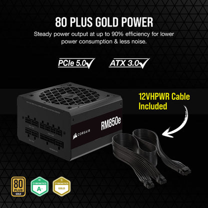 Corsair RM850e (2023) Fully Modular Low-Noise Power Supply - ATX 3.0 & PCIe 5.0 Compliant - 105°C-Rated Capacitors - 80 Plus Gold Efficiency - Modern Standby Support - Black RMe (2023) ATX 3.0 & PCIe 5.0 850 Watts